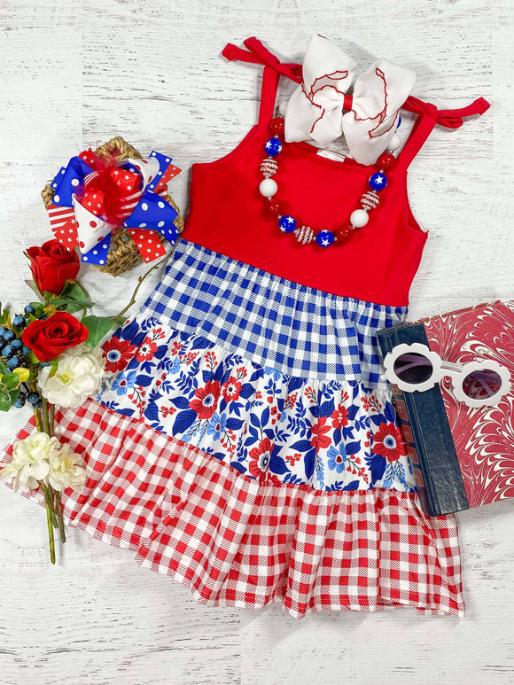 Patriotic Floral Tiered Girls Dress