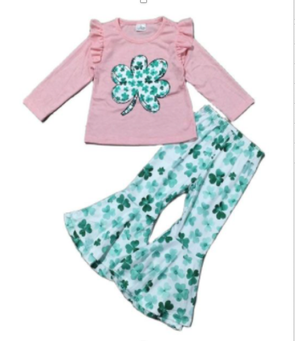 St Patricks Day Pink Green Clover 2 pc Holiday Outfit Set