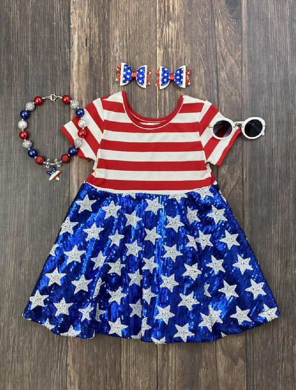Stripes & Sequin Stars Patriotic Twirl Dress