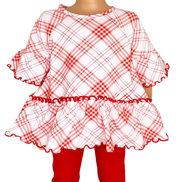 Girls Red Plaid Christmas Ruffle Shirt Embroidery Blanks