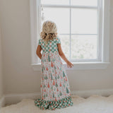 Kids Christmas Holiday Check Tree Ruffle Lounge Play Gown: 3/4