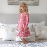 Kids Pink Christmas Tree Holiday Ruffle Button Lounge Gown: 3/4