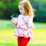 Girls Red Plaid Christmas Ruffle Shirt Embroidery Blanks