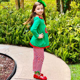 Girls Christmas Holiday Elf Stocking Top & Stripe Pants Outfit Set