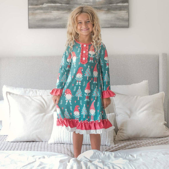 Kids Red Green Gnome Holiday Christmas Ruffle Lounge Gown: 10/12