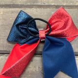 Navy & Red glitter bow with rhinestones