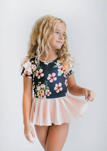 Kids Black Floral Peach Dot Dance Skirted Twirl Leotard