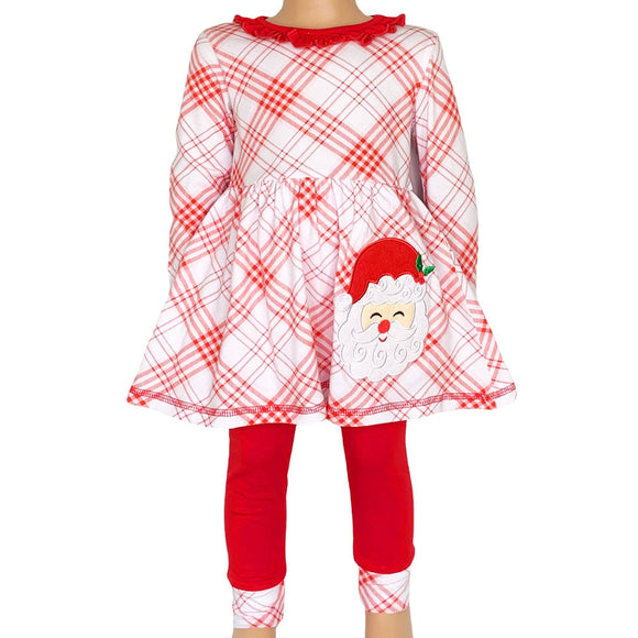 Girls Red Plaid Santa Holiday Christmas Outfit Leggings