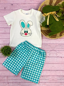 Adorable Bunny Top & Teal Gingham Short Set