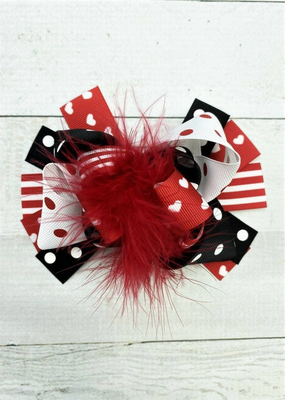 Red, Black & White Hearts Marabou Bow