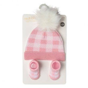 2 Piece Pink Plaid Hat and Bootie Set