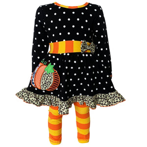 Girls Autumn Black Polka Dot Orange Pumpkin Dress & Leggings