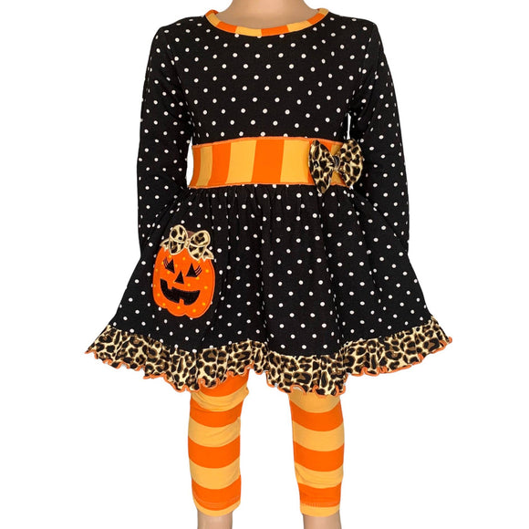 AnnLoren Girls Halloween Orange Pumpkin Polka Dot Dress Out
