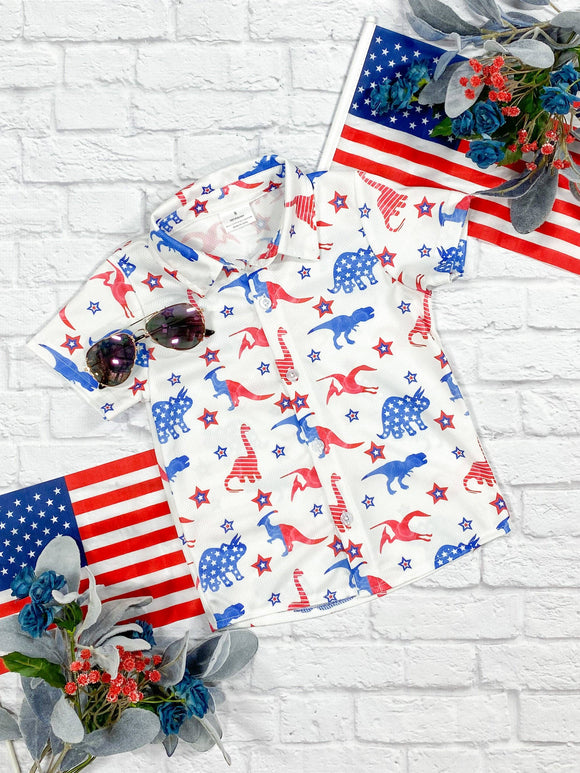 Red White & Blue Dino Button Down Top