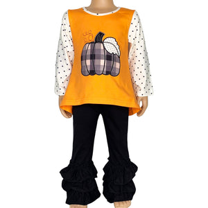 Girls Autumn Orange Pumpkin Tunic Black Ruffle Pants Outfit