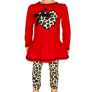 AnnLoren Girls Red Leopard Heart Valentine's Day Outfit